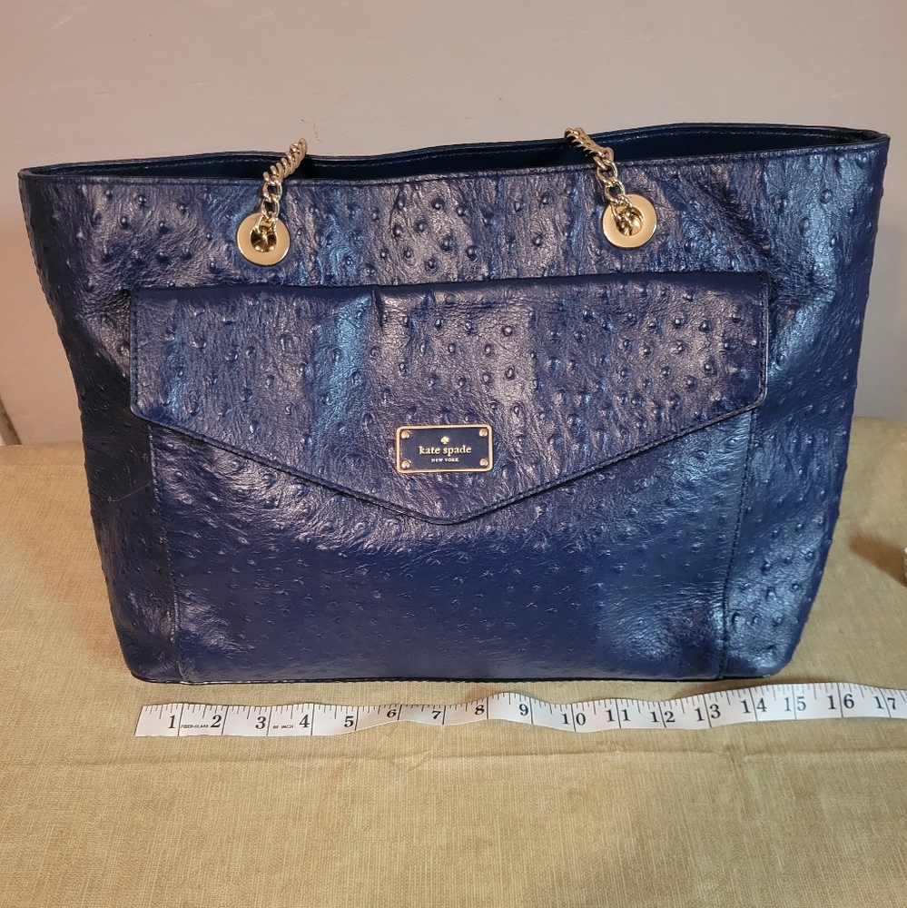 Kate ♠️ Spade La Vita Blue Ostrich Leather Women's Tote Bag - Picture 11 of 13